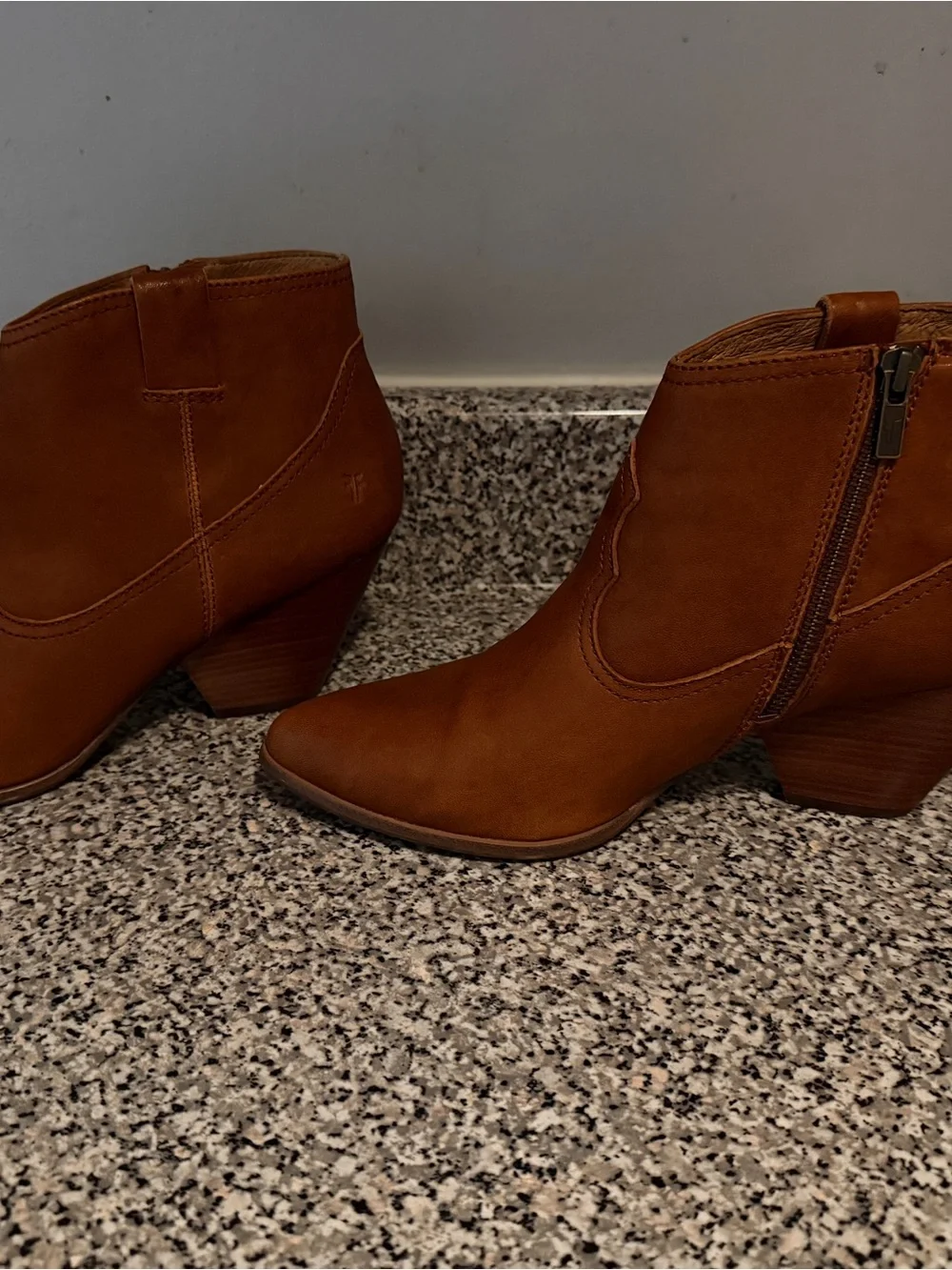 Frye Cognac Leather Ankle Booties with Stacked Heel